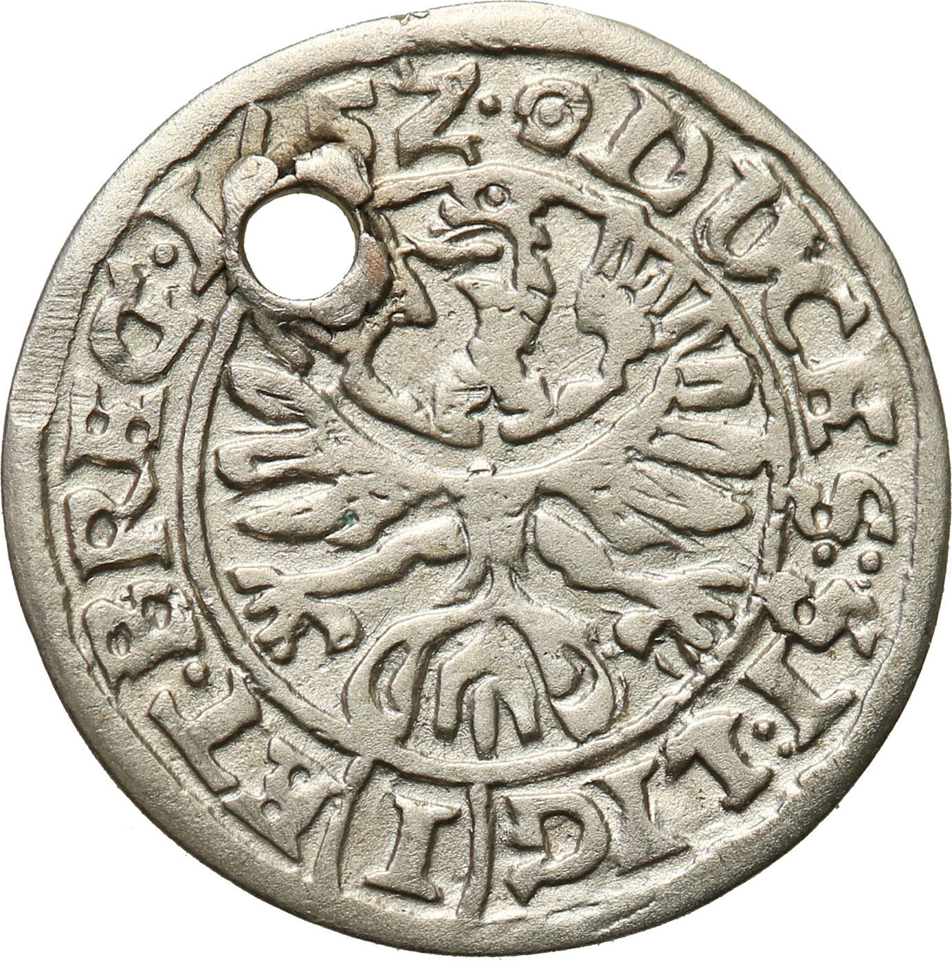 Śląsk, Księstwo Legnicko-brzesko-wołowskie. Jerzy III Brzeski, Ludwik IV Legnicki i Krystian Wołowsko-Oławski. Krajcar 1652, Brzeg - RZADKI